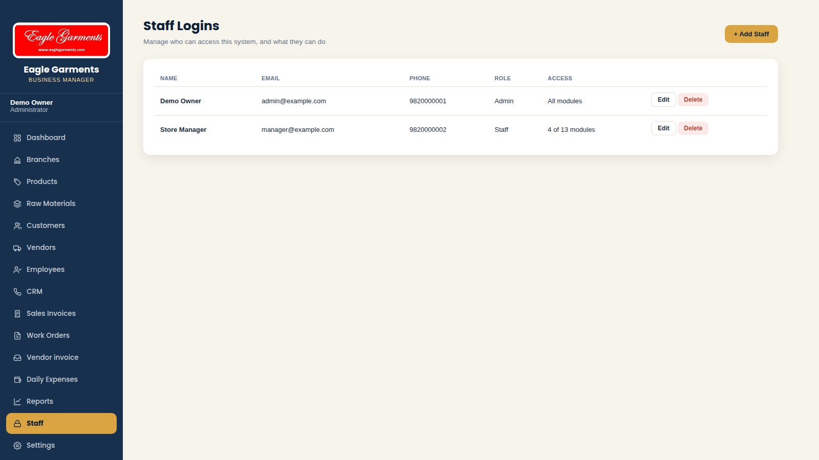 Staff Logins & Permissions