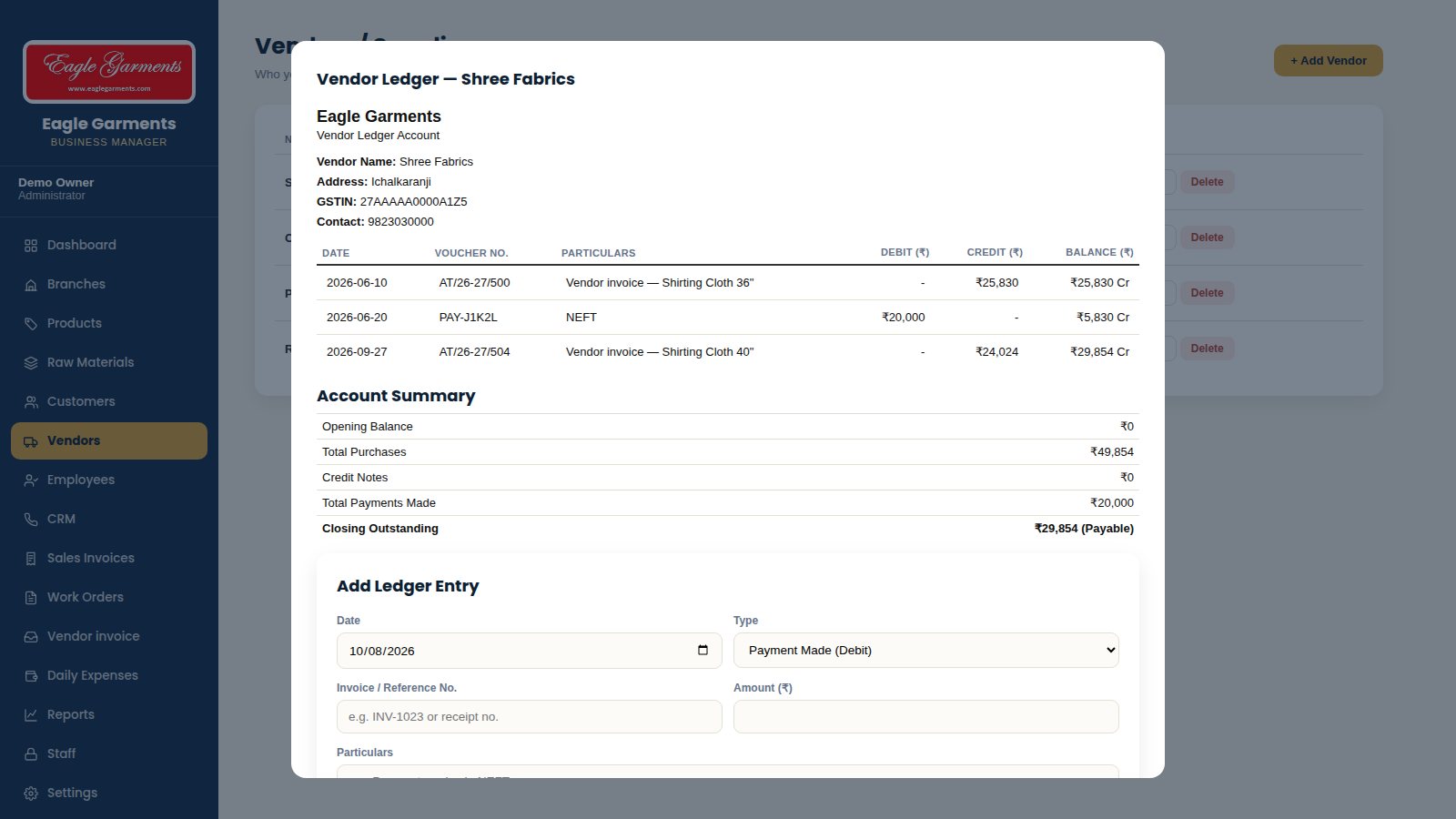 Vendors & Ledger