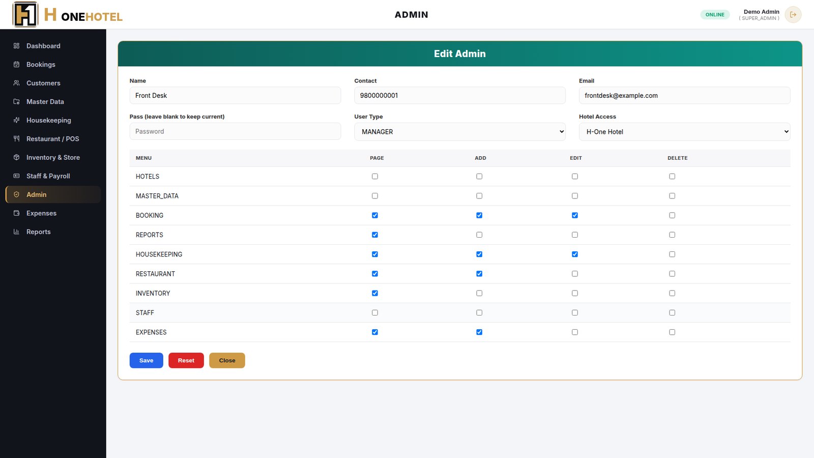 H One Hotel ERP - Edit Admin