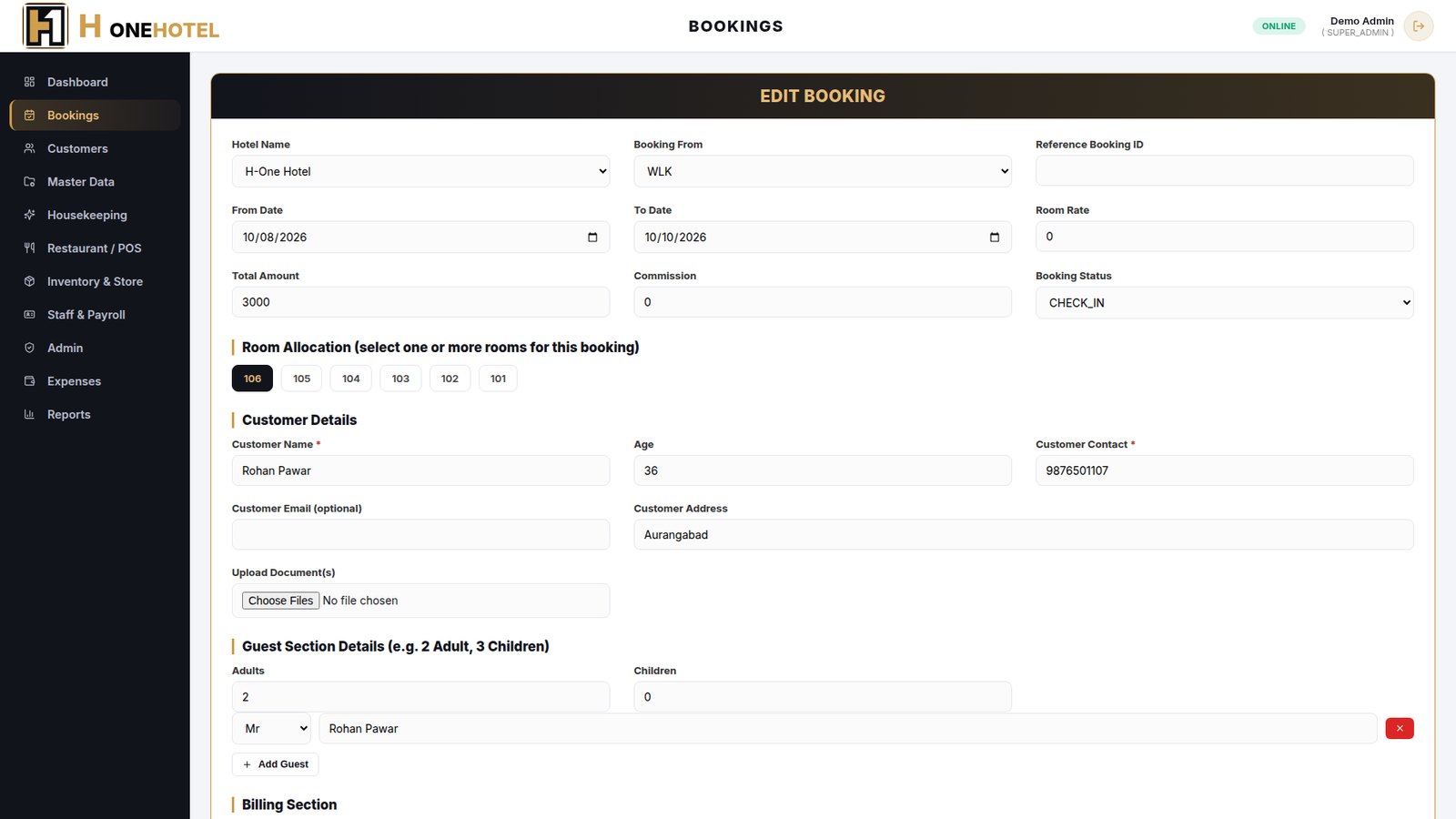 H One Hotel ERP - Booking form