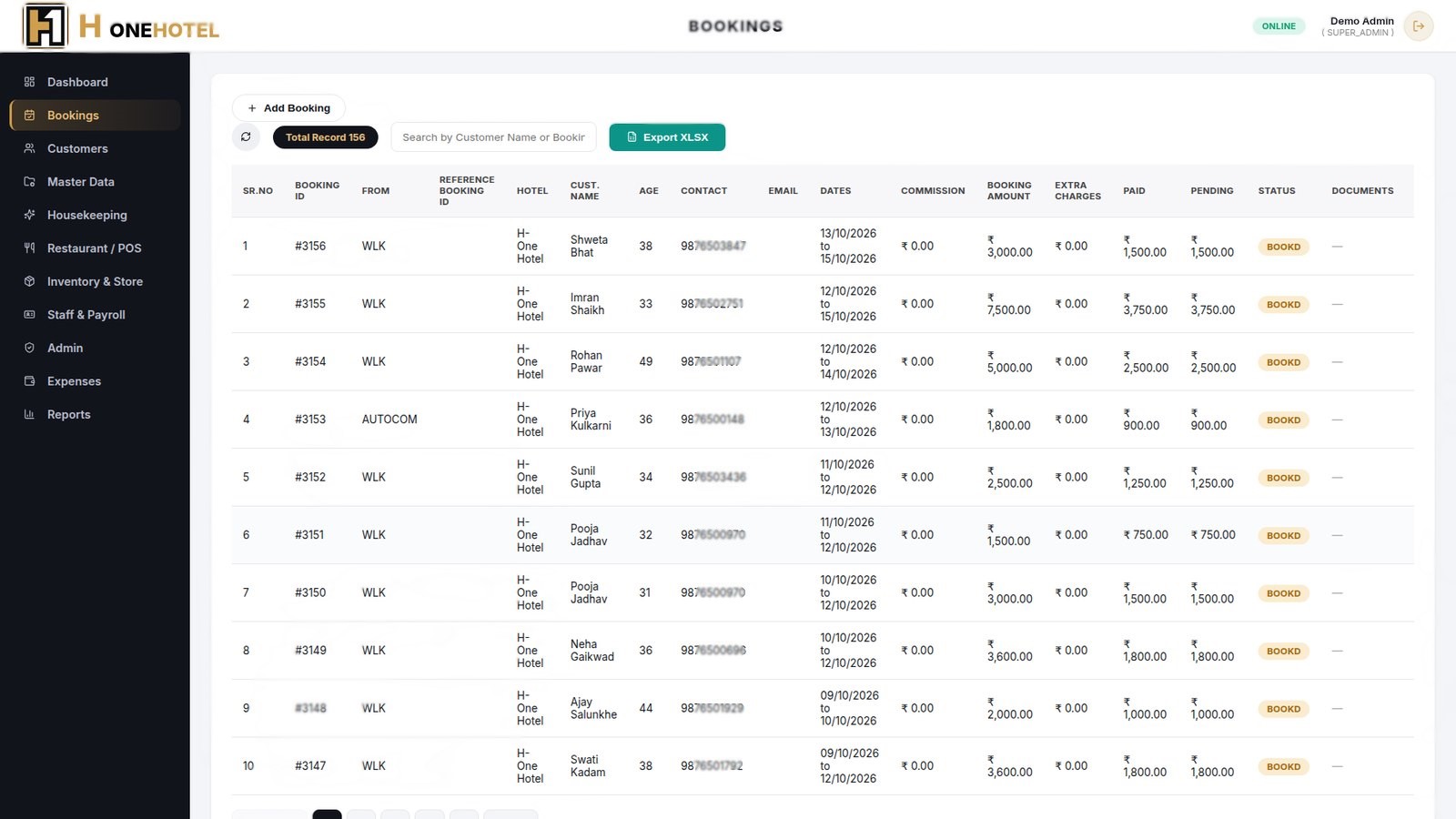 H One Hotel ERP - Bookings list