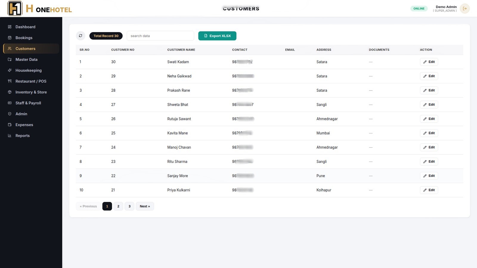 H One Hotel ERP - Customers