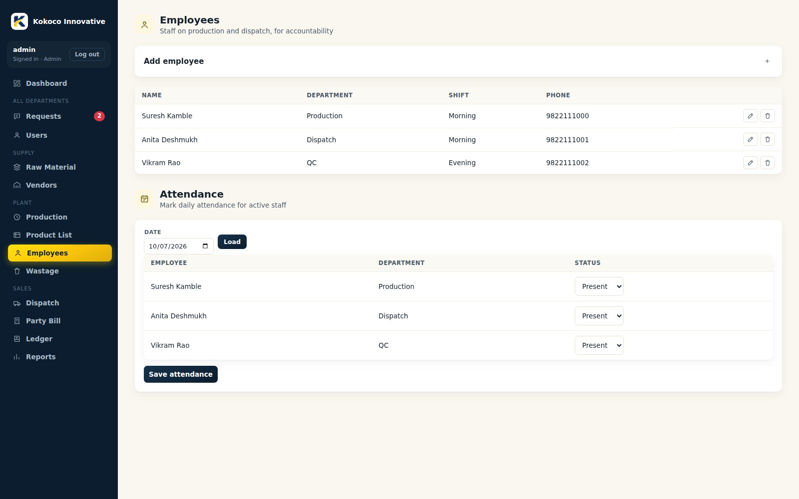 Kokoco ERP - Employees & Attendance