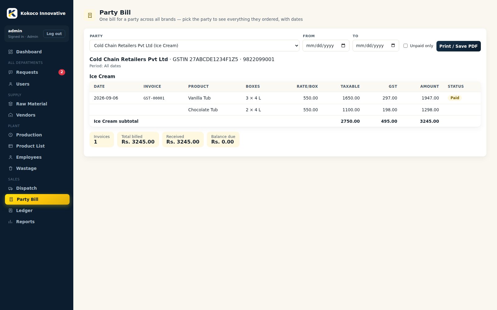 Kokoco ERP - Party Bill