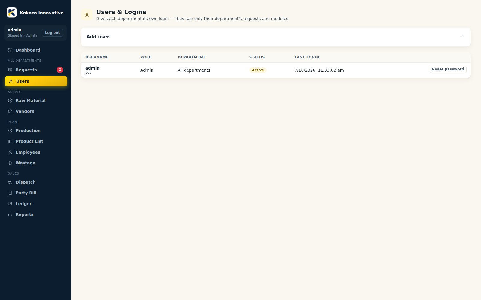 Kokoco ERP - Users & Department Logins