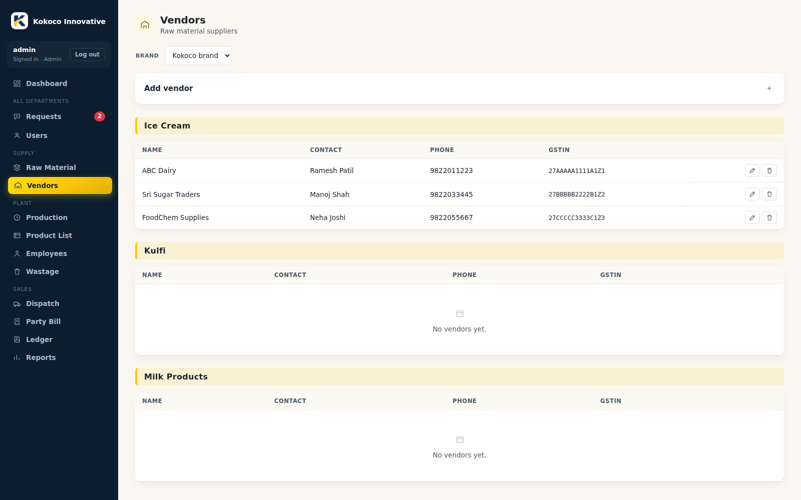Kokoco ERP - Vendors