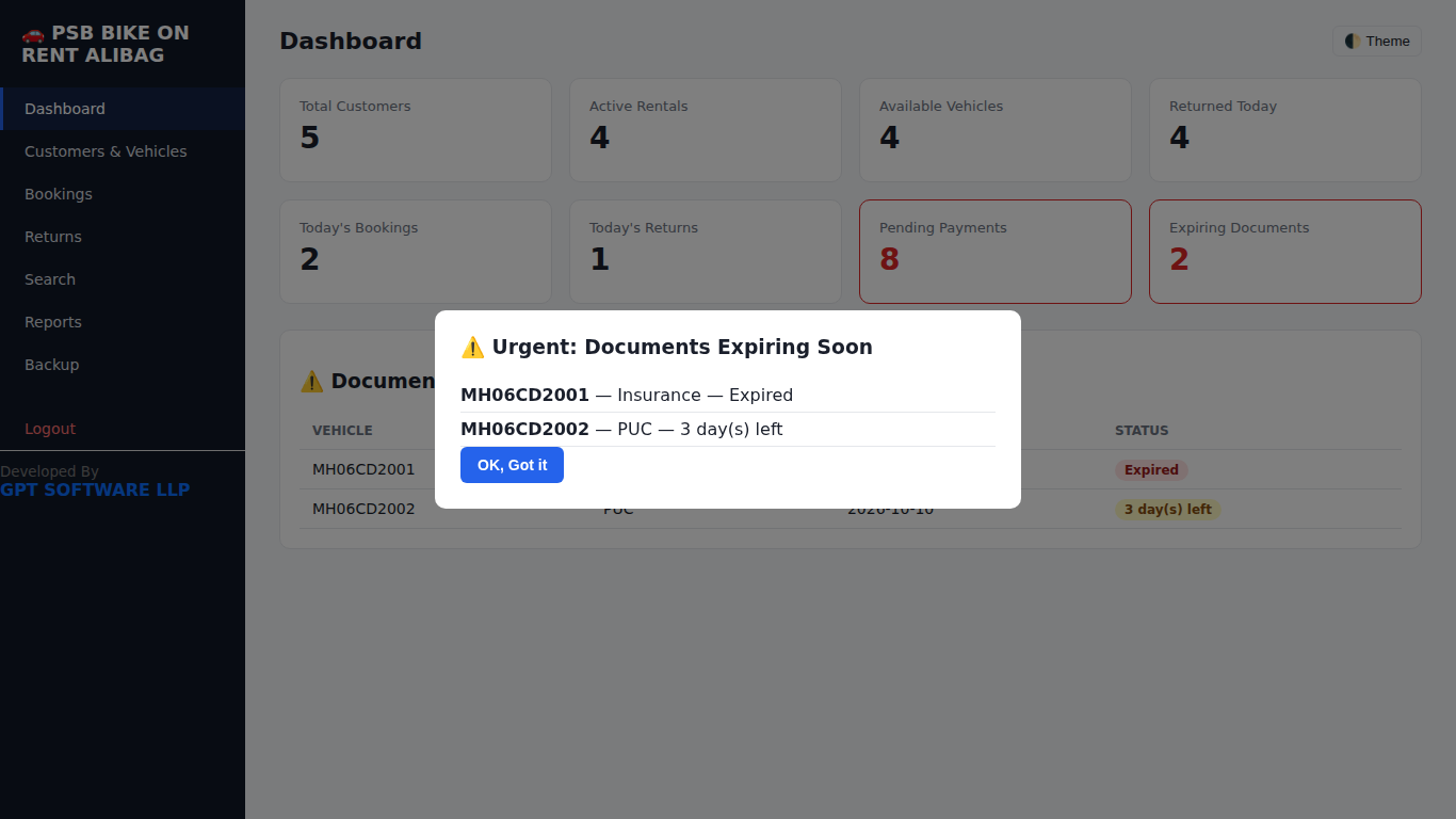 Car & Bike Rental ERP - Document Expiry Alert