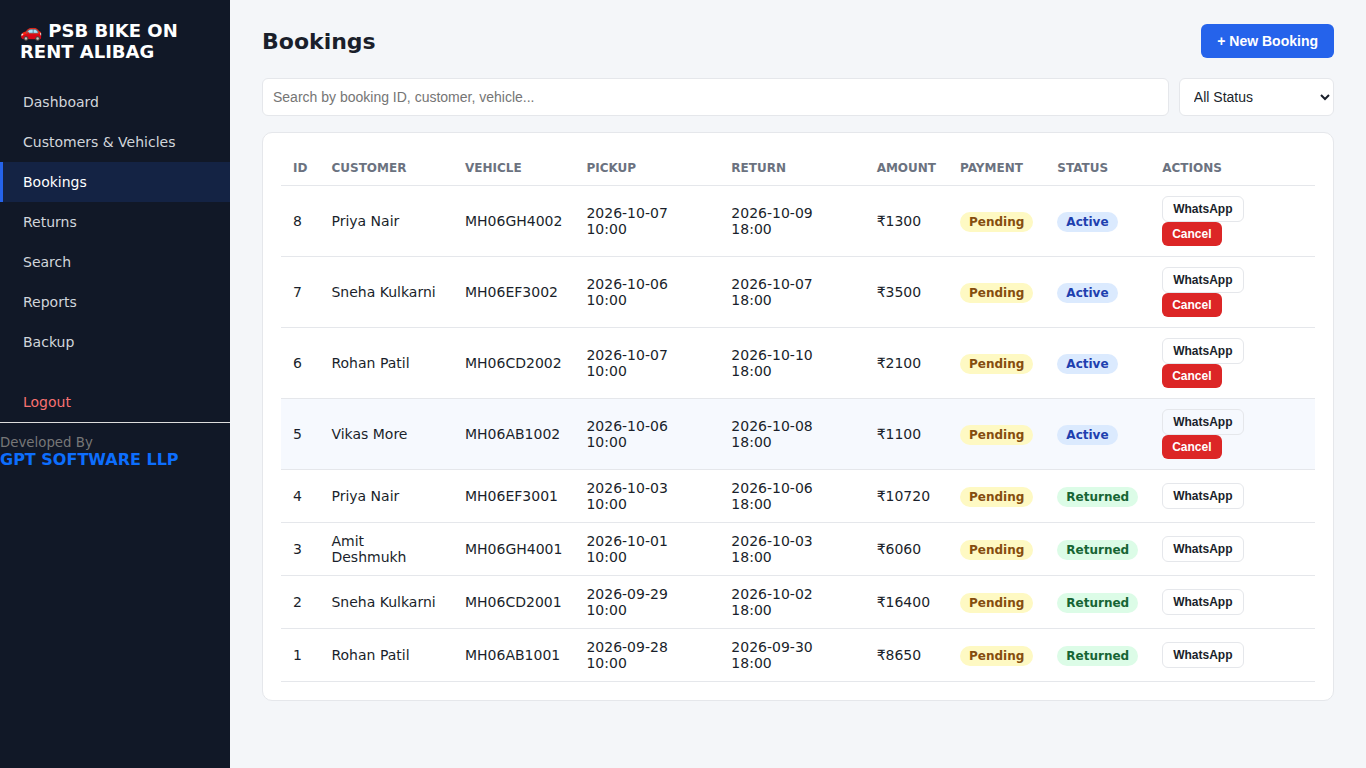 Car & Bike Rental ERP - Bookings